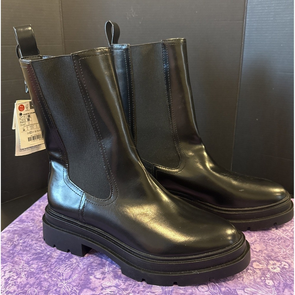 Zara Womens EU 36 US 6 Chelsea Black Leather Ankle Boots Chunky Soles Airfit New